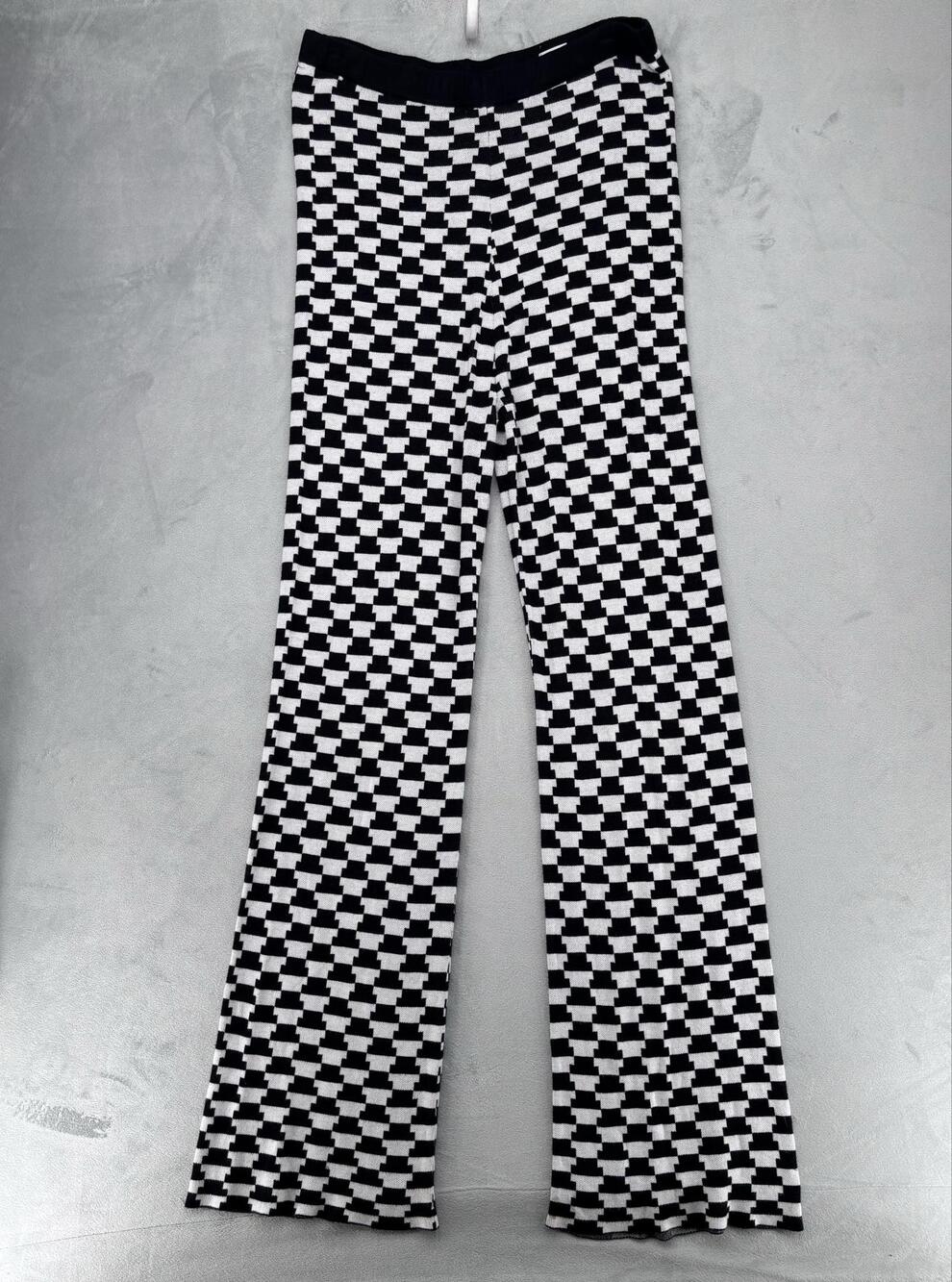 Lisa Says Gah Pants Womens XL/2X Black Check Flared Knit Elastic Waist Pull On